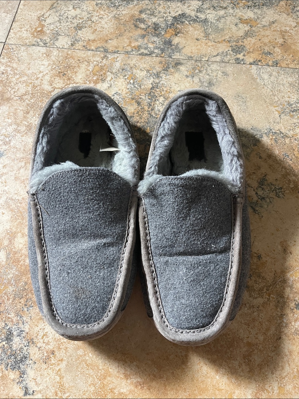 Ugg size 9.5 womenβs Grey Plush-Lined Slip-On Moccasin Slippers